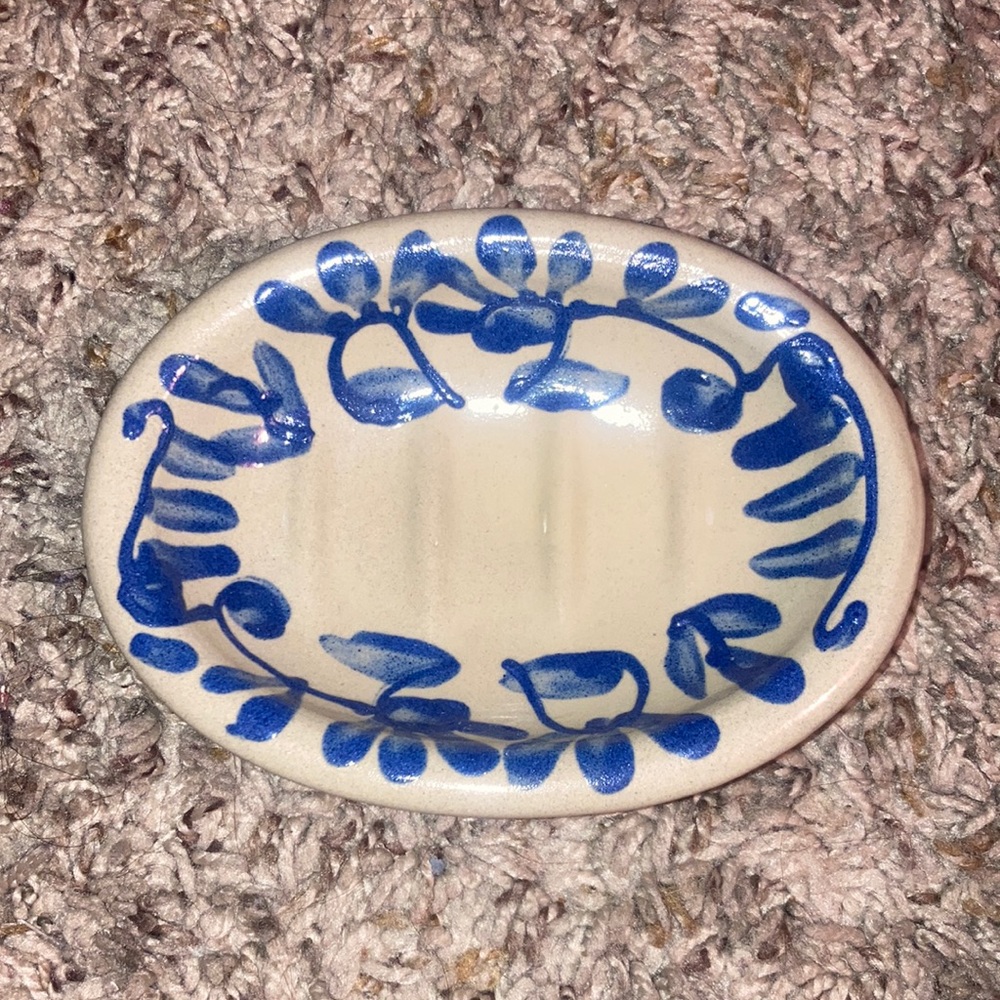 Blue & Tan Hand Crafted Trinket Soap Dish Clay NWOT